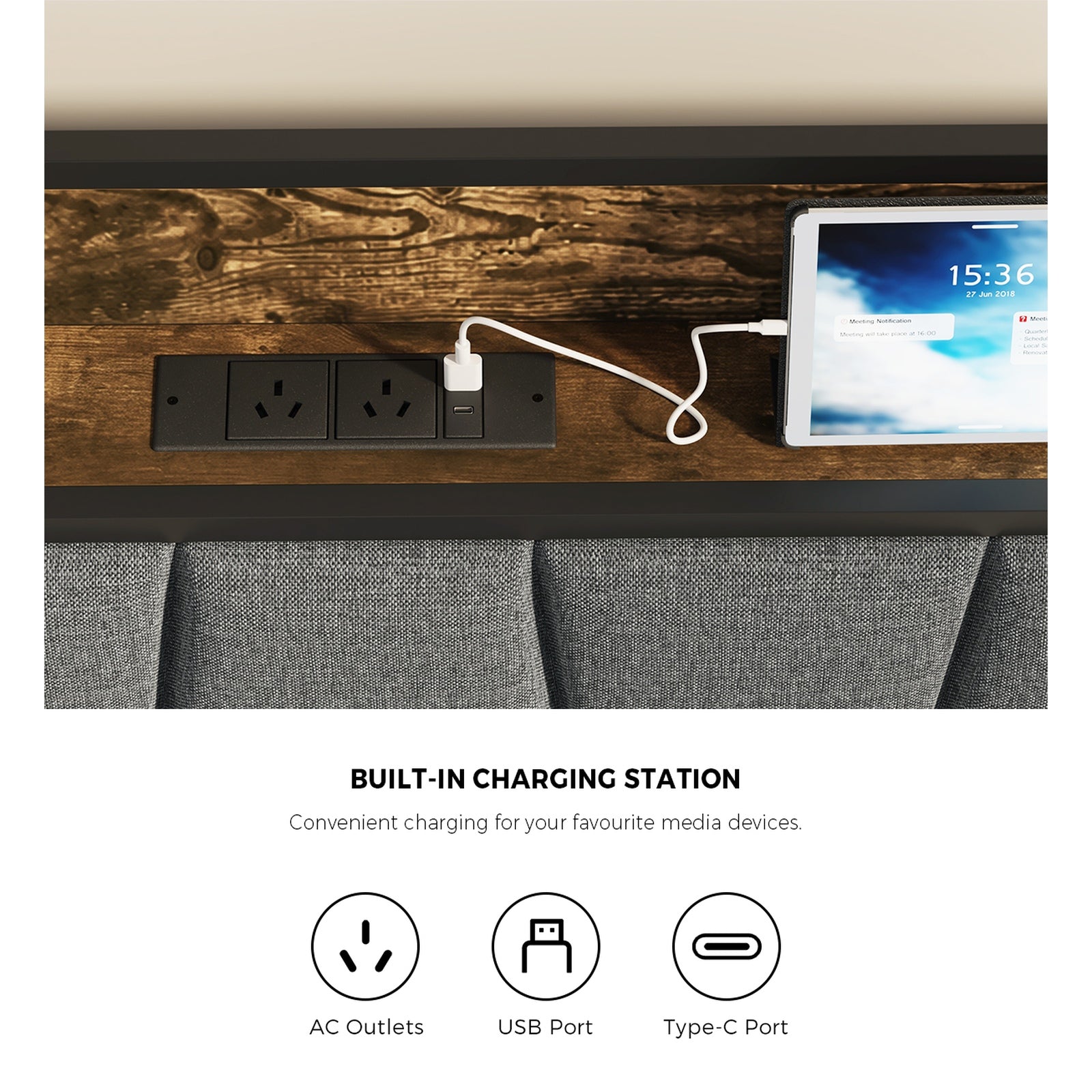 Oikiture Queen Metal Bed Frame Storage Headboard AC USB Charge