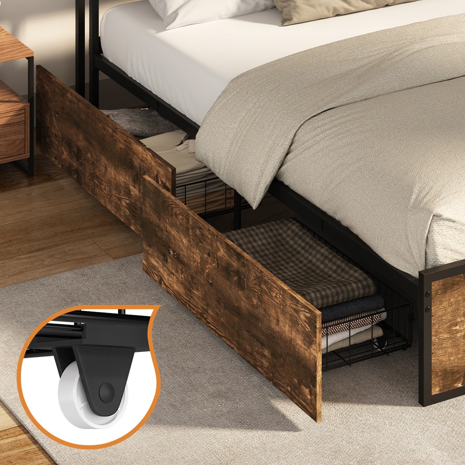 Oikiture Queen Metal Bed Frame Storage Headboard AC USB Charge