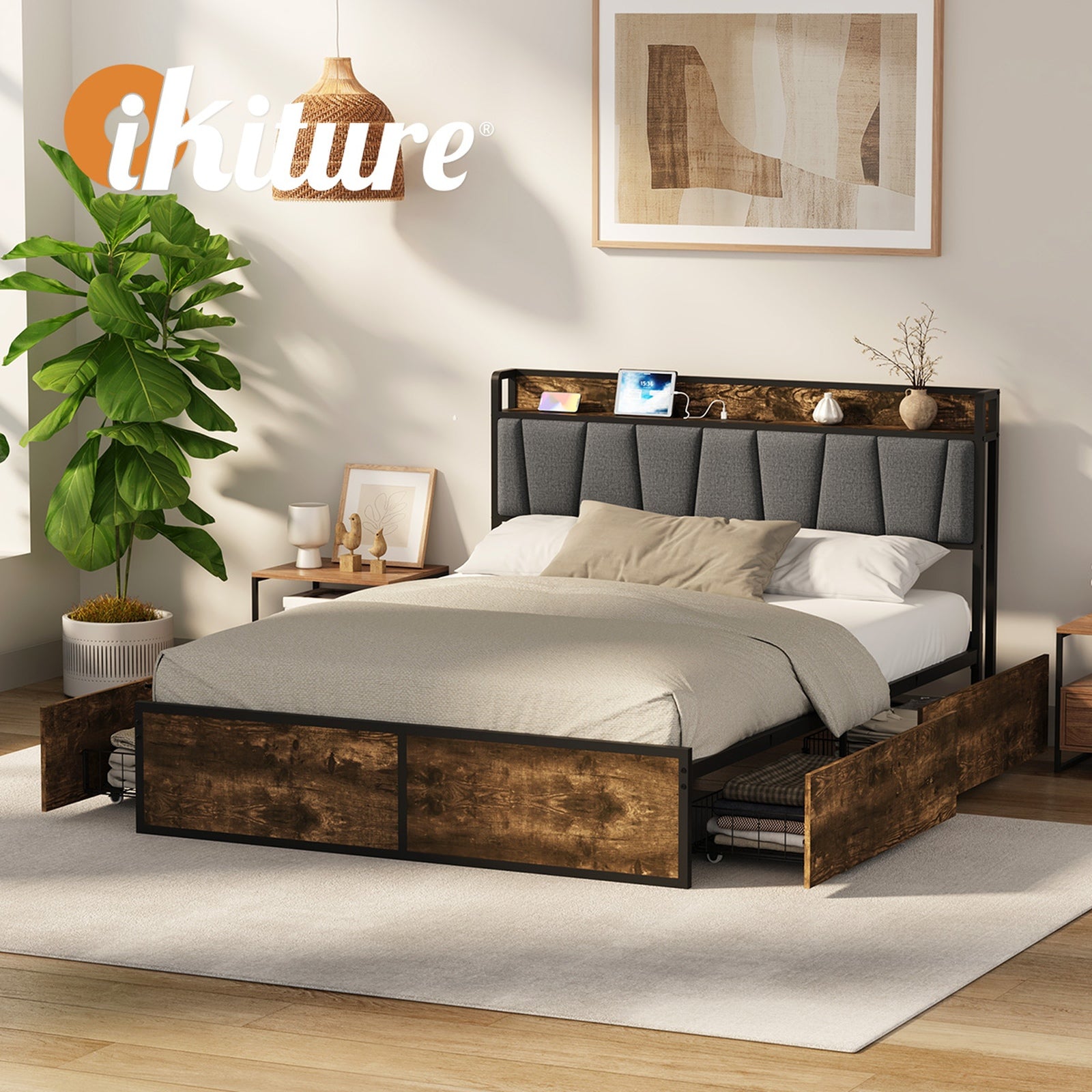 Oikiture Queen Metal Bed Frame Storage Headboard AC USB Charge