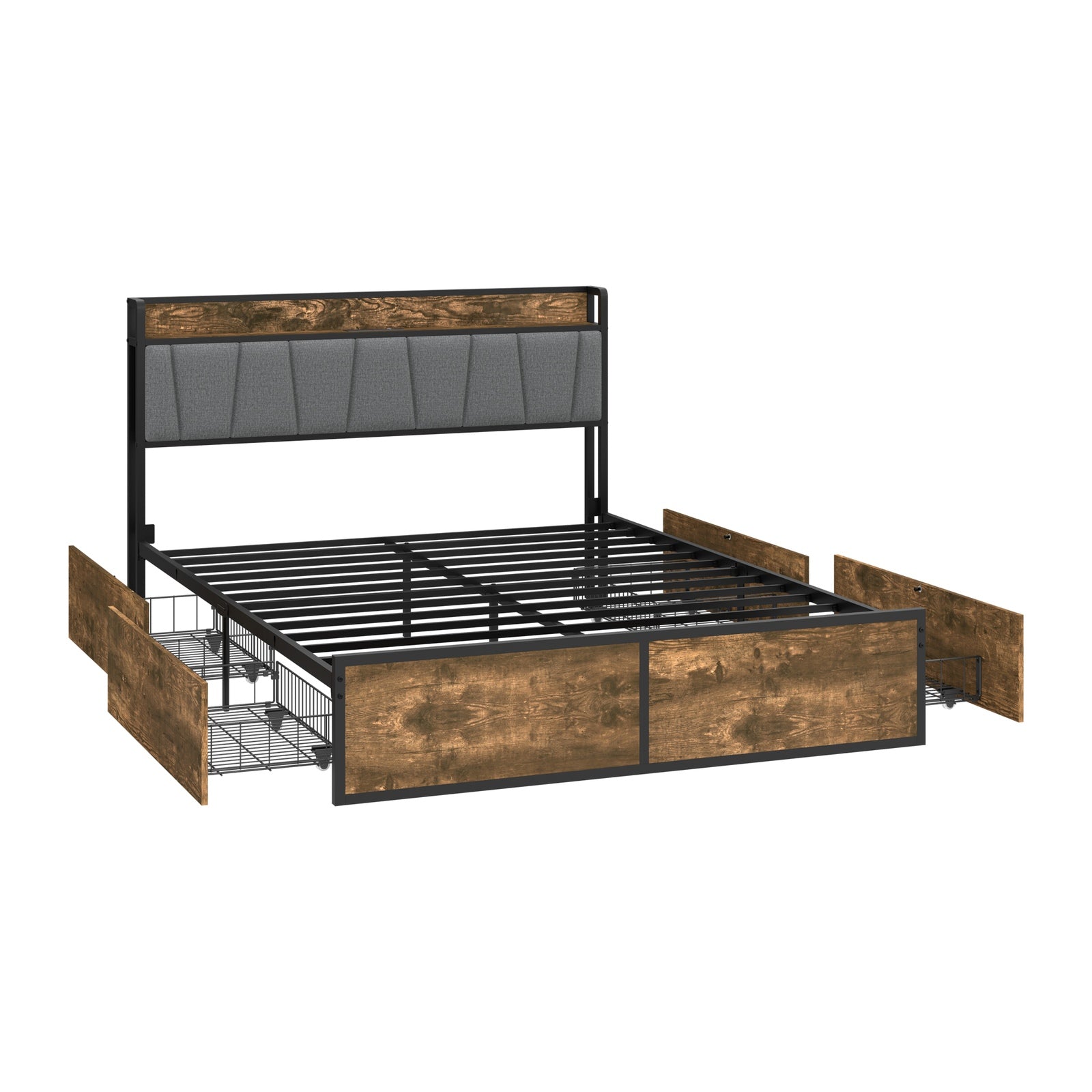 Oikiture Queen Metal Bed Frame Storage Headboard AC USB Charge