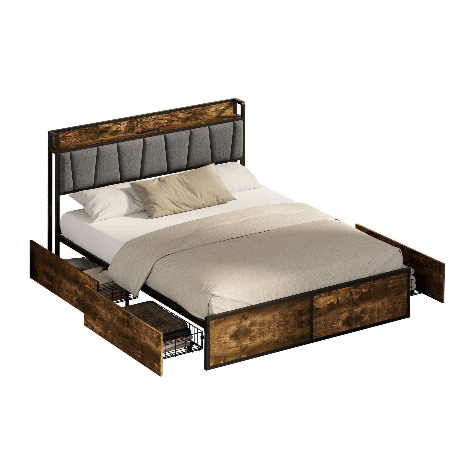 Oikiture Queen Metal Bed Frame Storage Headboard AC USB Charge