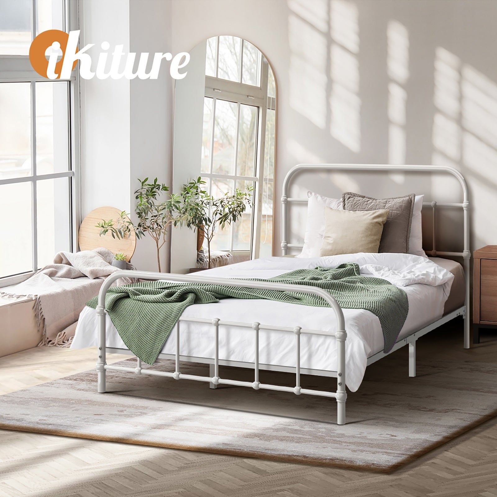 Oikiture Bed Frame Metal Bed Base King Single Size Bed Platform White - Sunyee
