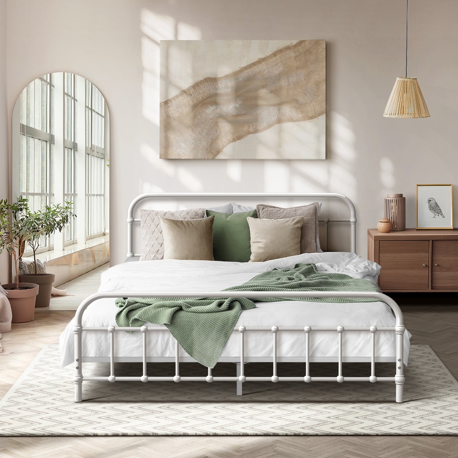 Oikiture Metal Bed Frame Queen Double King Single Size Bed Base White - Sunyee