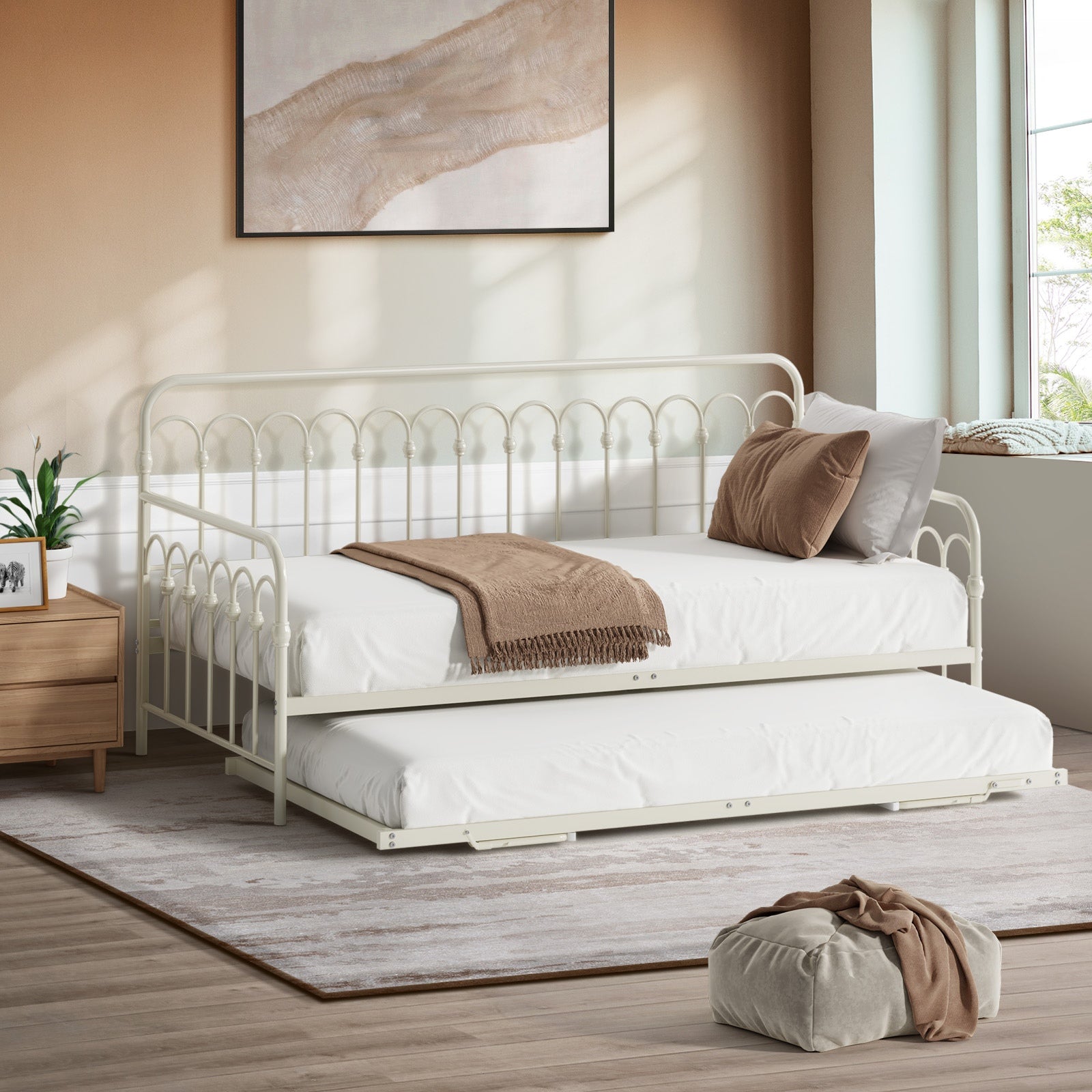 Oikiture Trundle Bed Frame Daybed Single Size Base Metal Single Beds x2 Beige - Sunyee