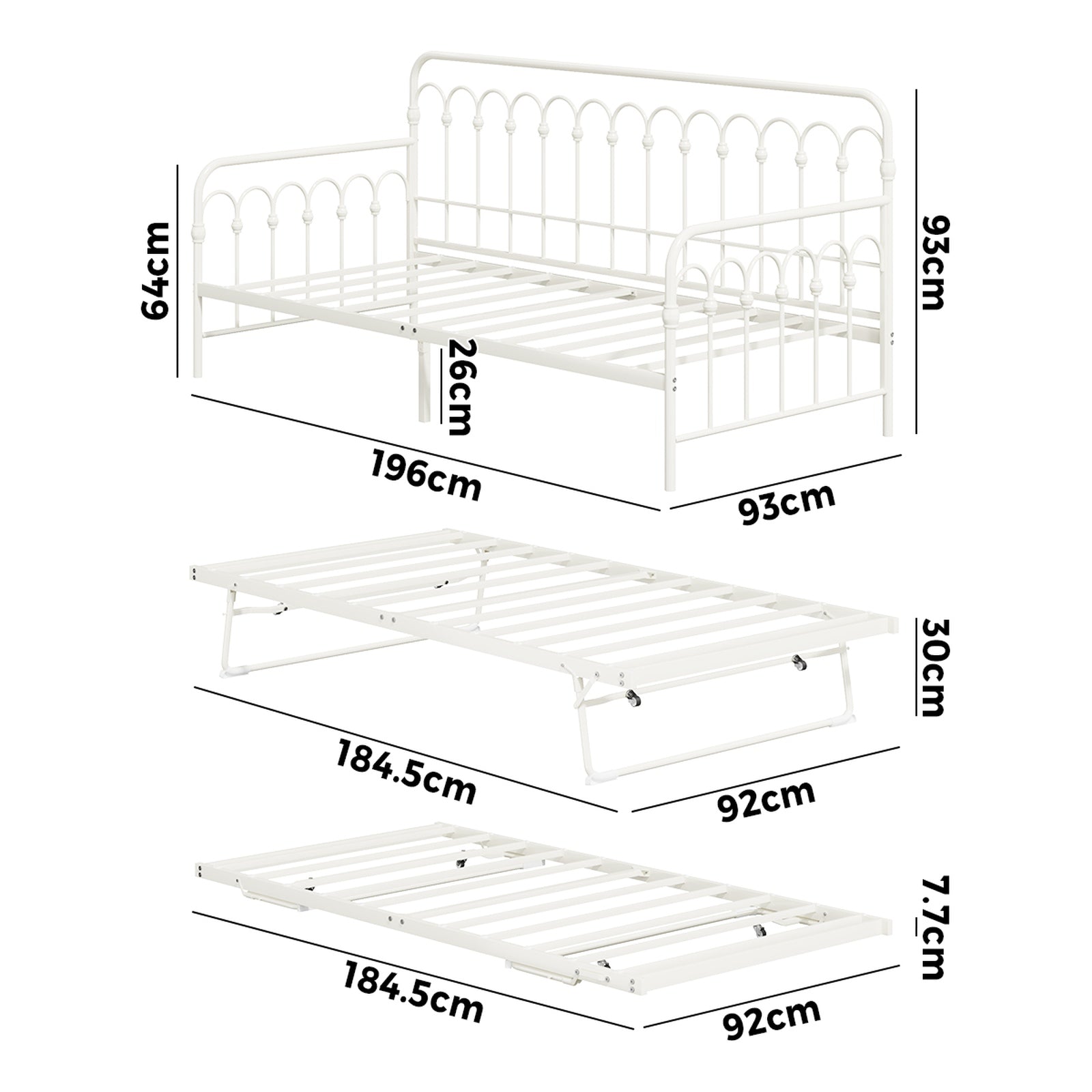 Oikiture Trundle Bed Frame Daybed Single Size Base Metal Single Beds x2 Beige - Sunyee