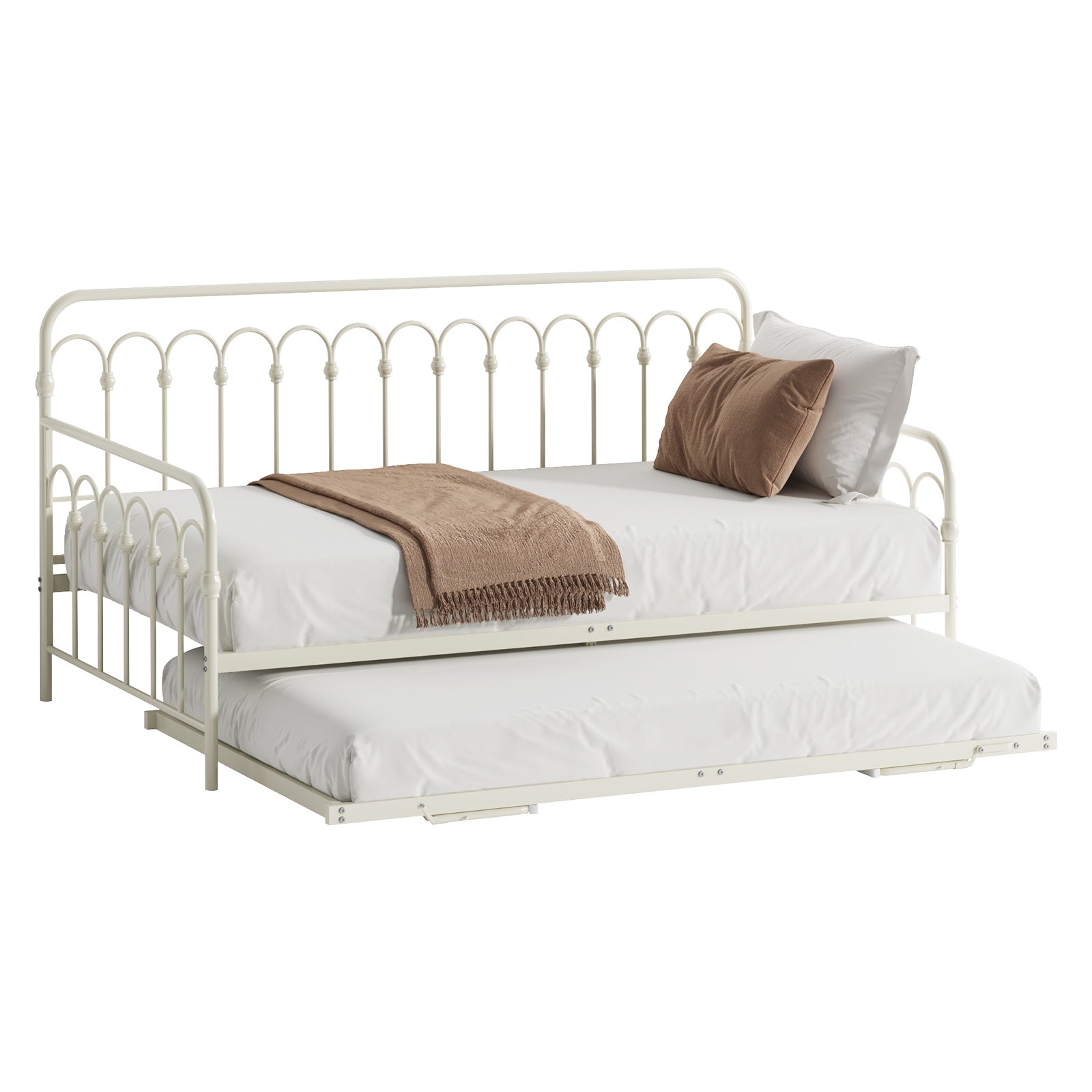 Oikiture Trundle Bed Frame Daybed Single Size Base Metal Single Beds x2 Beige - Sunyee