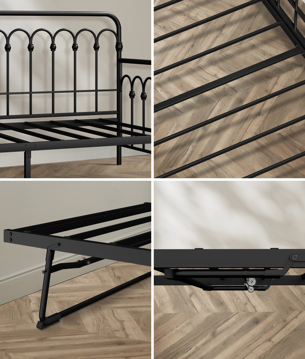 Oikiture Trundle Bed Frame Daybed Single Size Base Metal Single Beds x2 Black - Sunyee
