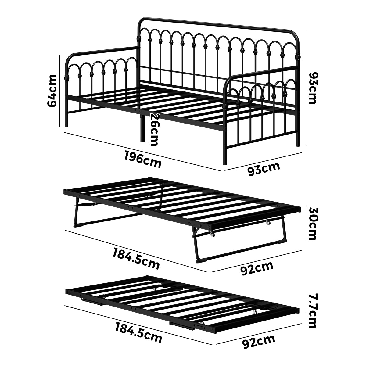 Oikiture Trundle Bed Frame Daybed Single Size Base Metal Single Beds x2 Black - Sunyee