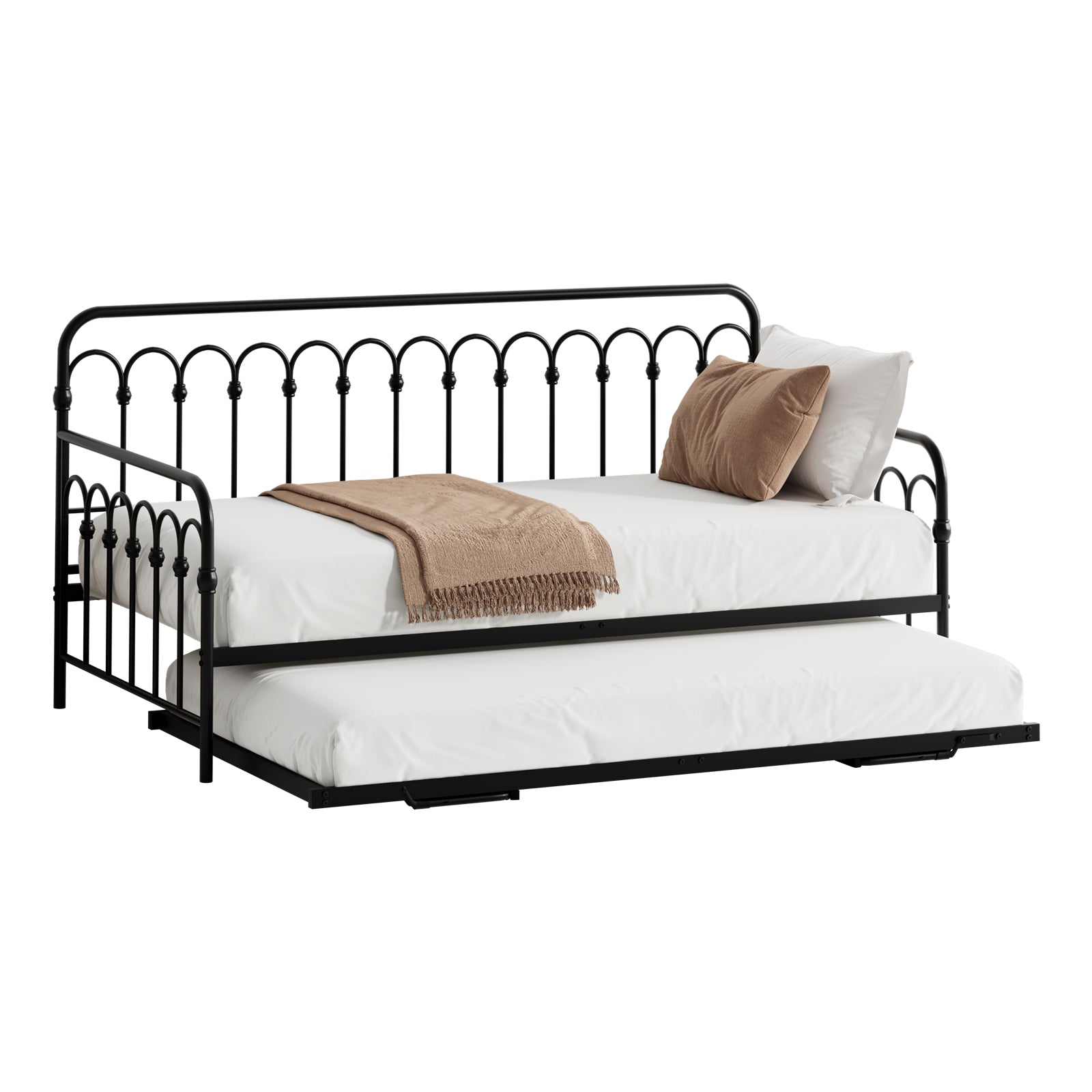 Oikiture Trundle Bed Frame Daybed Single Size Base Metal Single Beds x2 Black - Sunyee