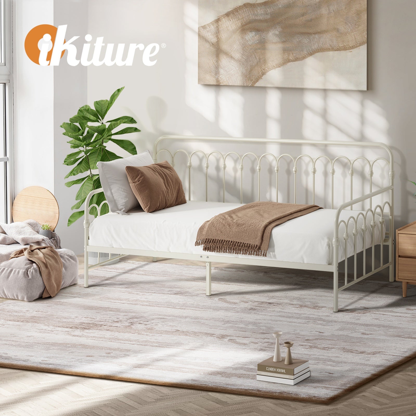 Oikiture Metal Daybed Frame Single Size Sofa Bed Steel Slat Support Beige - Sunyee