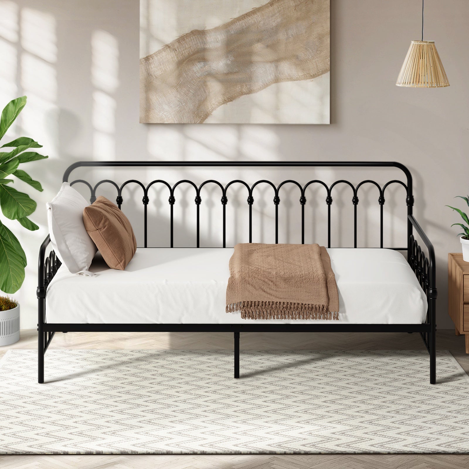 Oikiture Metal Daybed Frame Single Size Sofa Bed Steel Slat Support Black - Sunyee