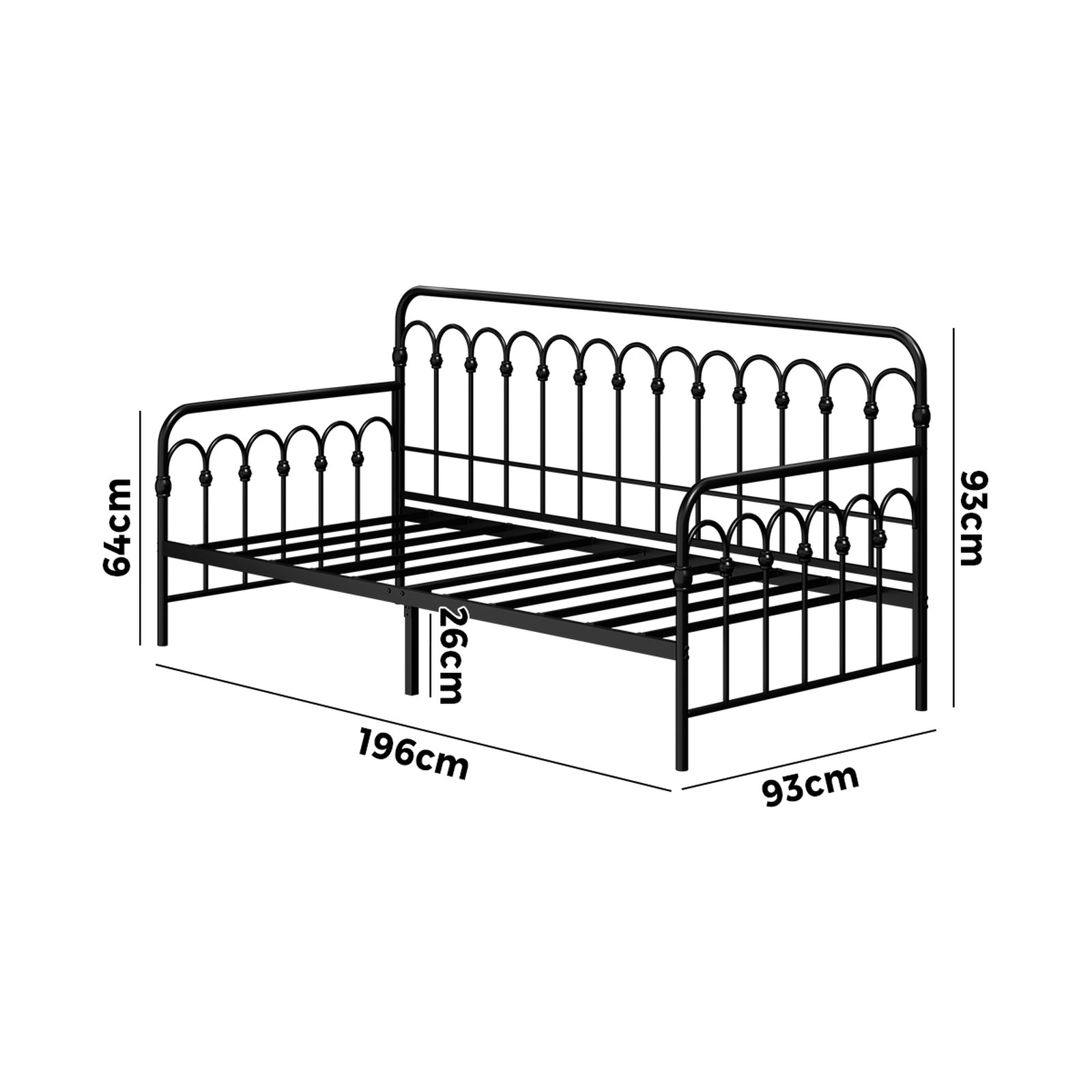 Oikiture Metal Daybed Frame Single Size Sofa Bed Steel Slat Support Black - Sunyee