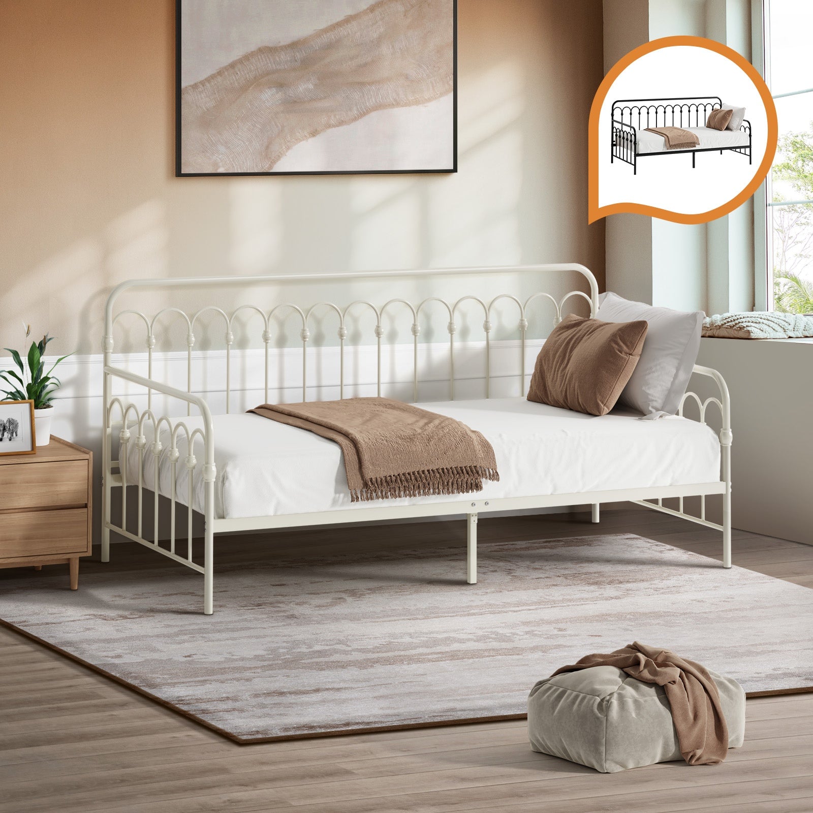 Oikiture Metal Daybed Frame Single Size Sofa Bed Steel Slat Support - Sunyee
