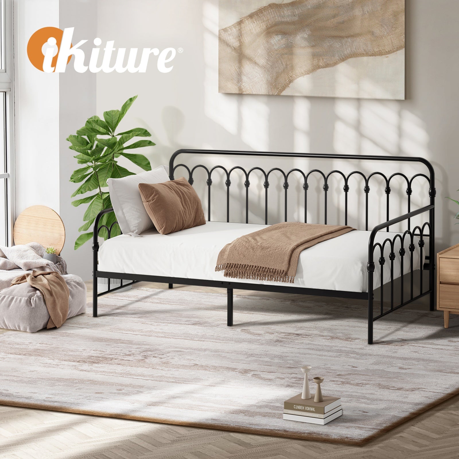Oikiture Metal Daybed Frame Single Size Sofa Bed Steel Slat Support - Sunyee