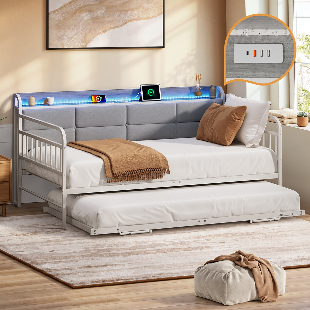 Oikiture Trundle Bed Frame Daybed Base Single Size LED Upholstered Headboard USB