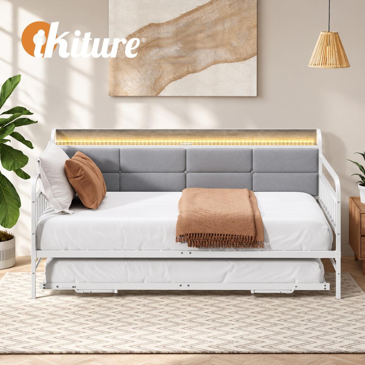 Oikiture Trundle Bed Frame Daybed Base Single Size LED Upholstered Headboard USB