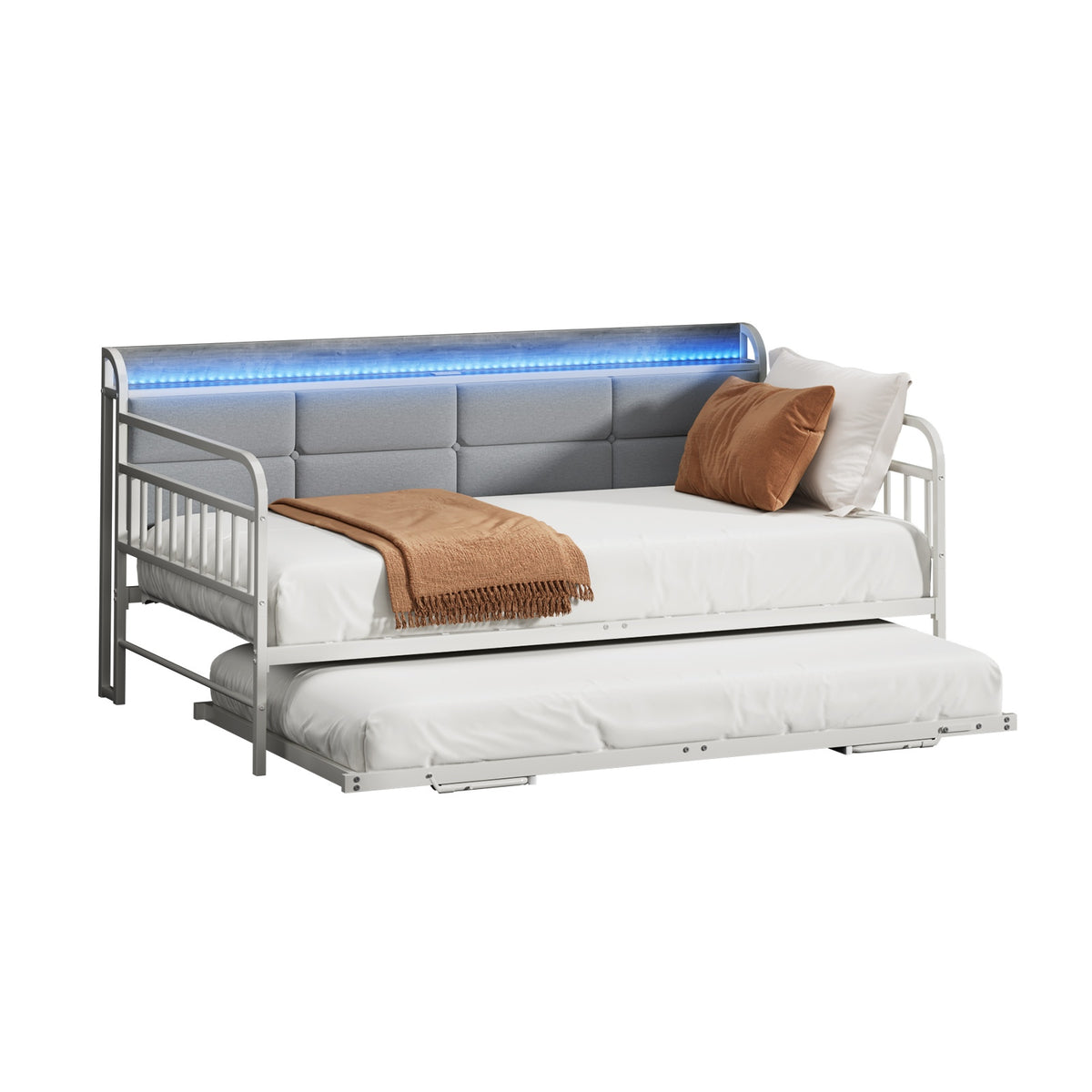 Oikiture Trundle Bed Frame Daybed Base Single Size LED Upholstered Headboard USB