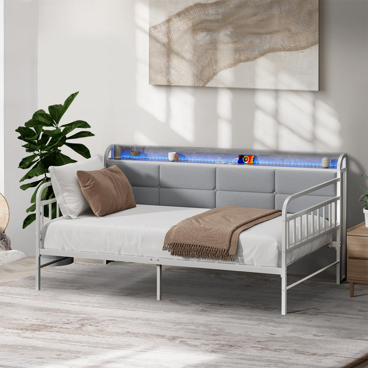 Oikiture Metal Daybed Frame Single Size LED Upholstered Headboard USB Charge