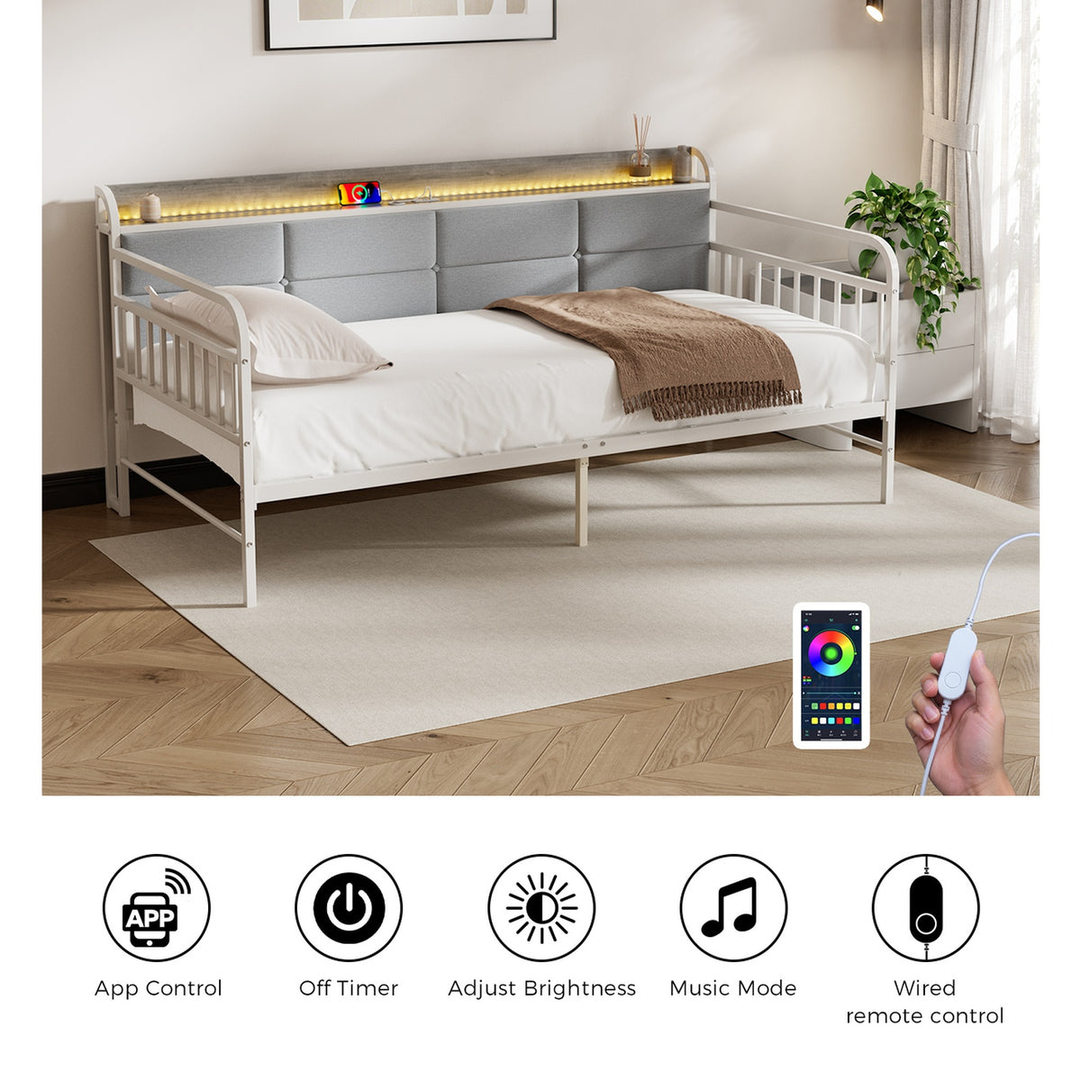 Oikiture Metal Daybed Frame Single Size LED Upholstered Headboard USB Charge