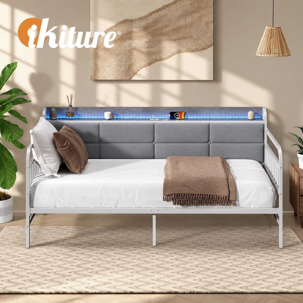 Oikiture Metal Daybed Frame Single Size LED Upholstered Headboard USB Charge