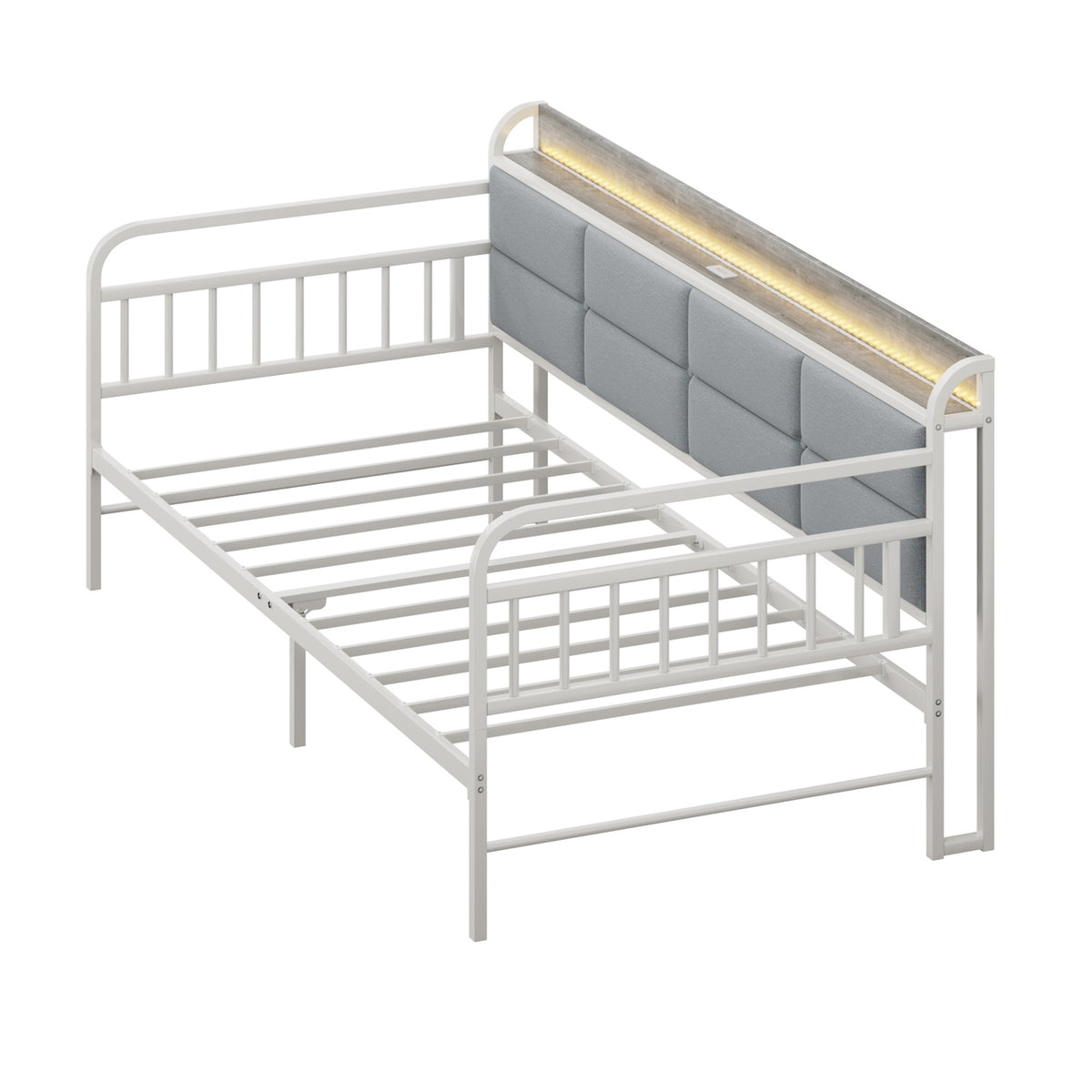 Oikiture Metal Daybed Frame Single Size LED Upholstered Headboard USB Charge