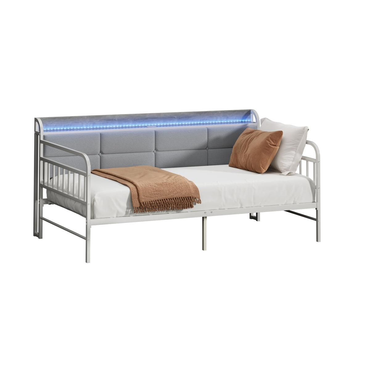 Oikiture Metal Daybed Frame Single Size LED Upholstered Headboard USB Charge