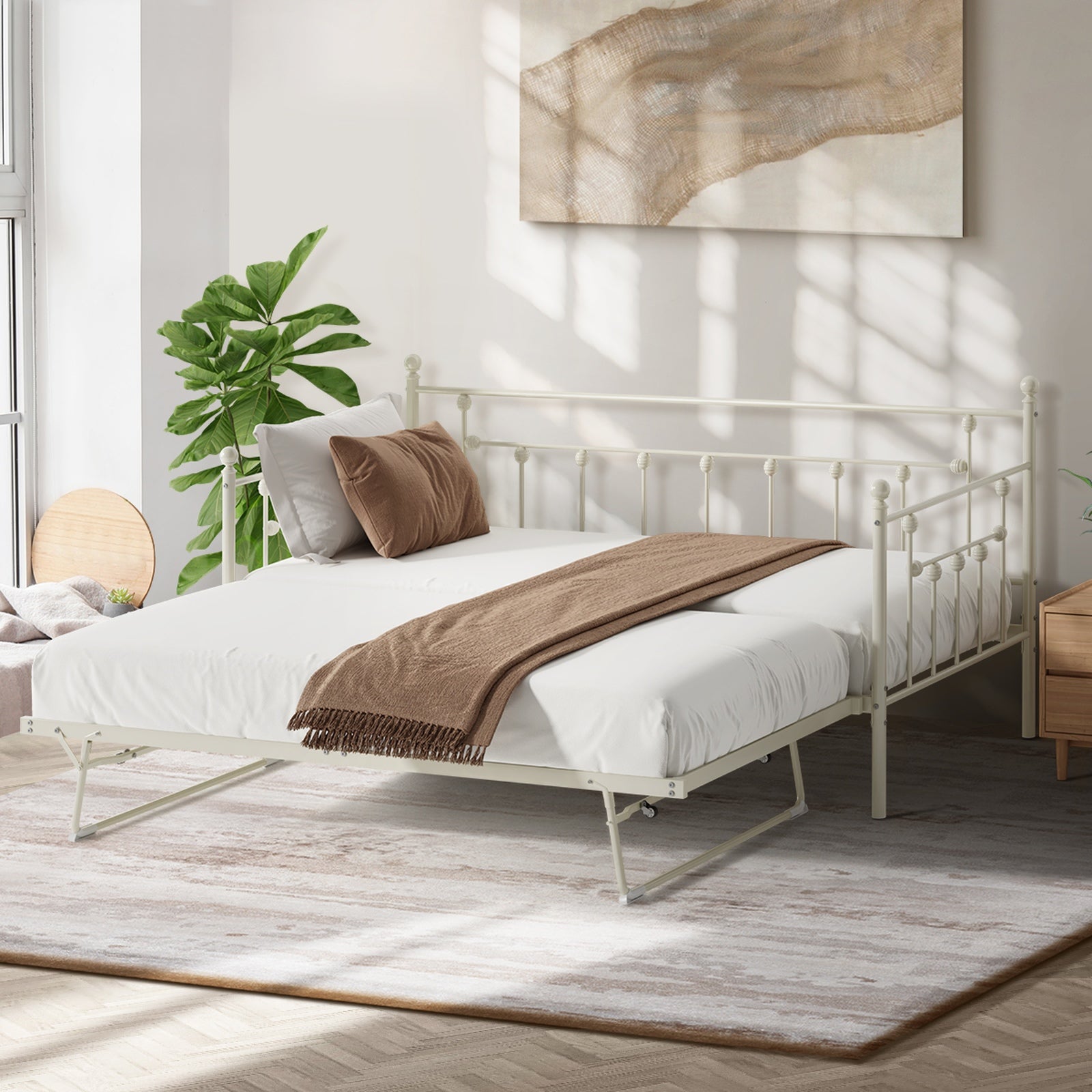 Oikiture Trundle Bed Frame Daybed Single Size Base Metal 2x Single Beds Beige