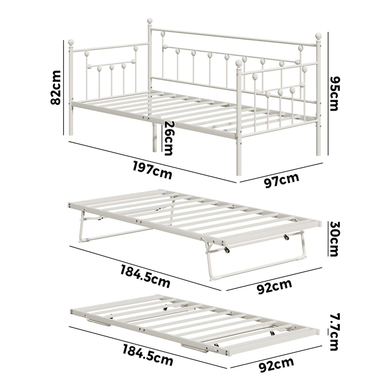 Oikiture Trundle Bed Frame Daybed Single Size Base Metal 2x Single Beds Beige