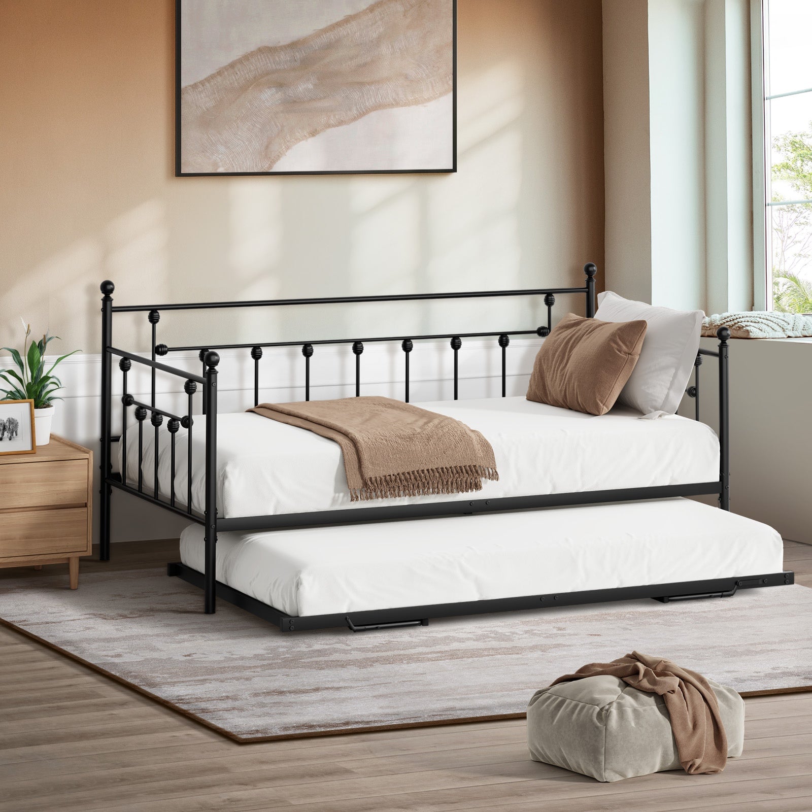 Oikiture Trundle Bed Frame Daybed Single Size Base Metal 2x Single Beds Black