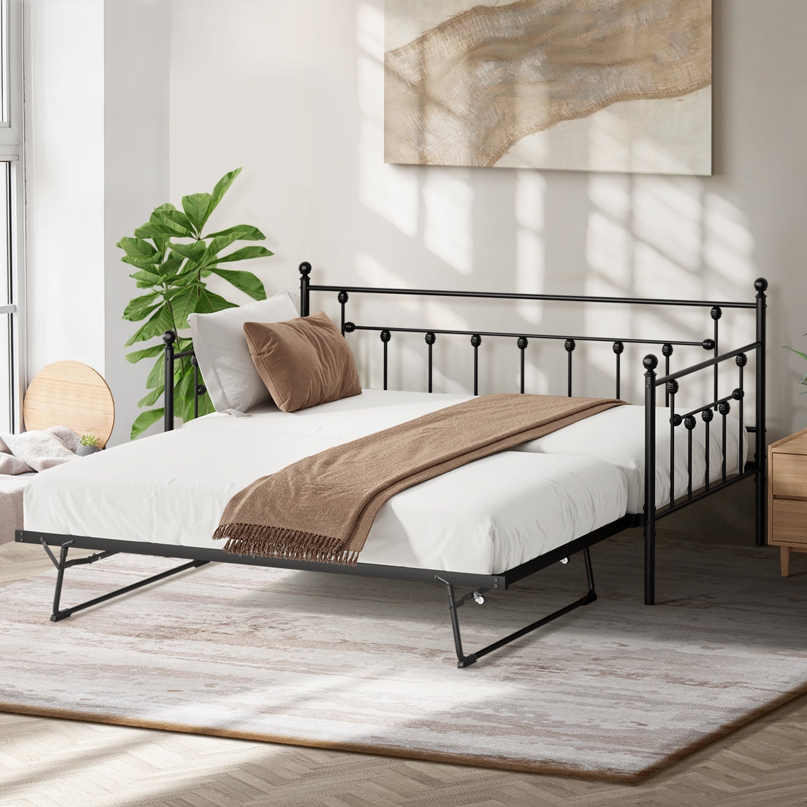 Oikiture Trundle Bed Frame Daybed Single Size Base Metal 2x Single Beds Black