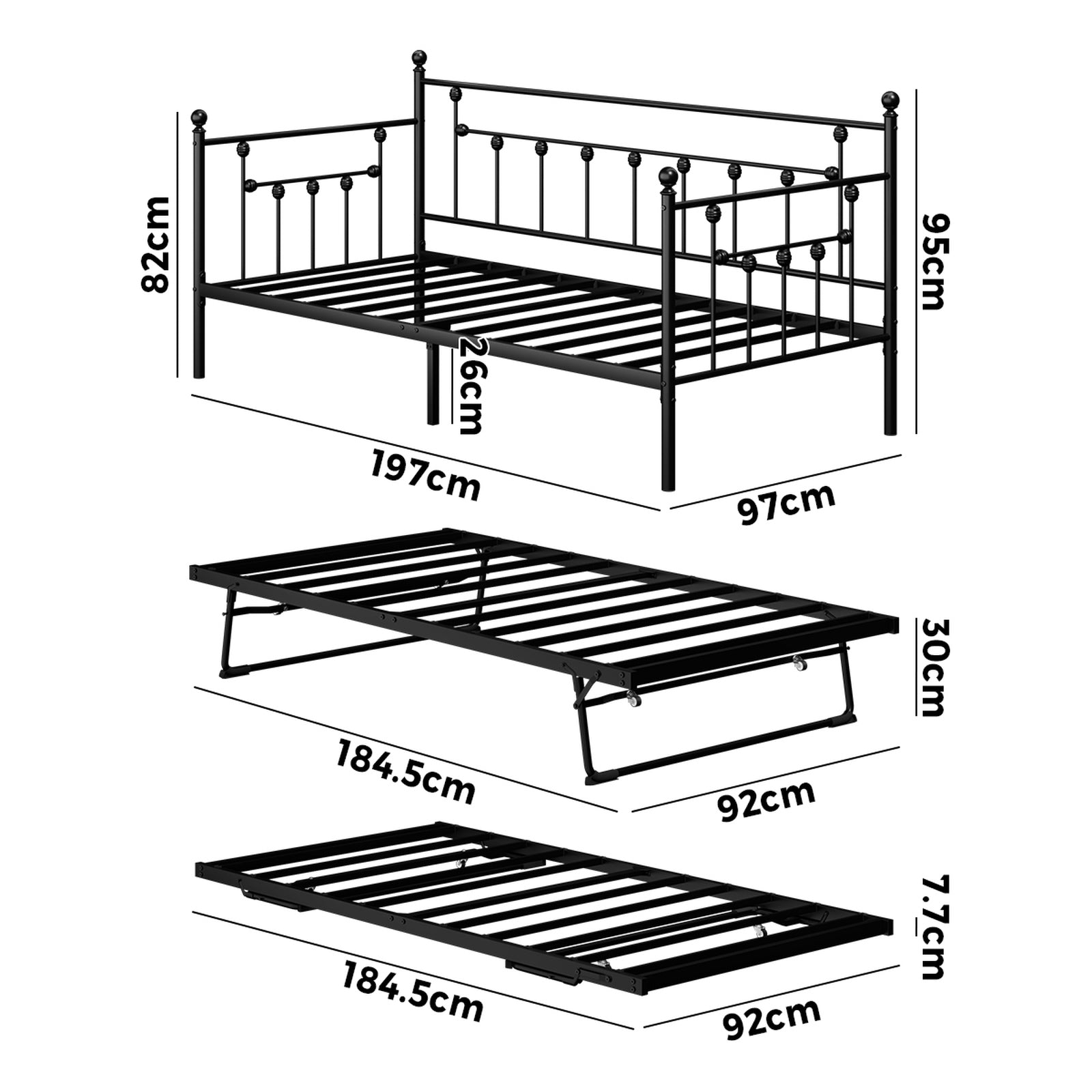 Oikiture Trundle Bed Frame Daybed Single Size Base Metal 2x Single Beds Black