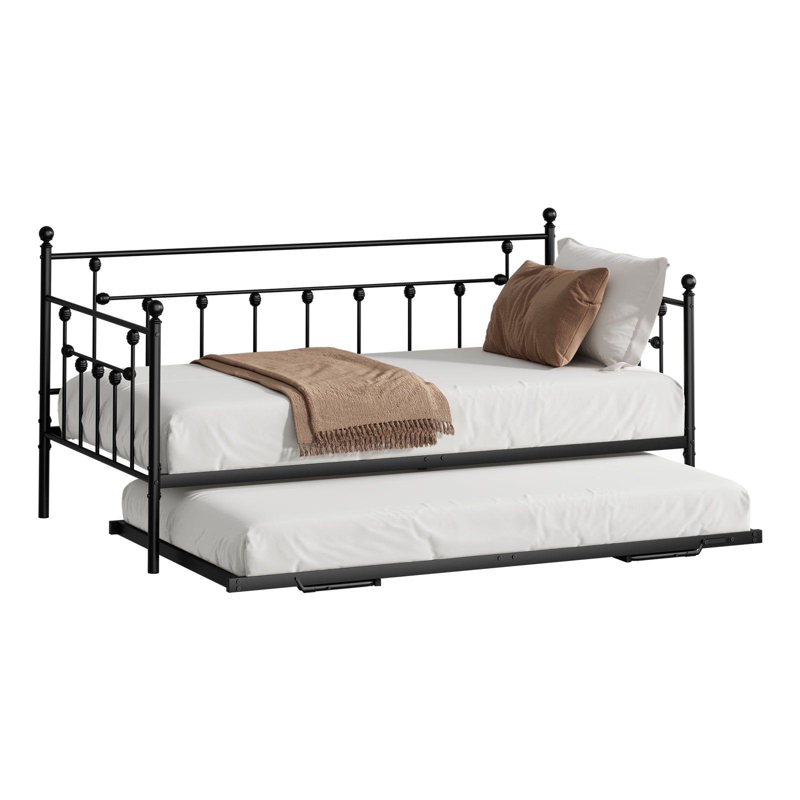Oikiture Trundle Bed Frame Daybed Single Size Base Metal 2x Single Beds Black