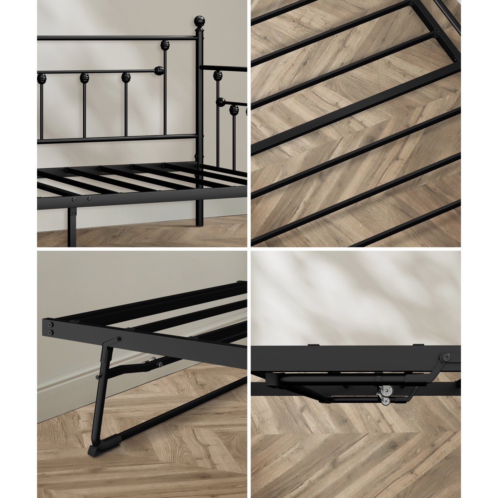Oikiture Trundle Bed Frame Daybed Single Size Base Metal 2x Single Beds