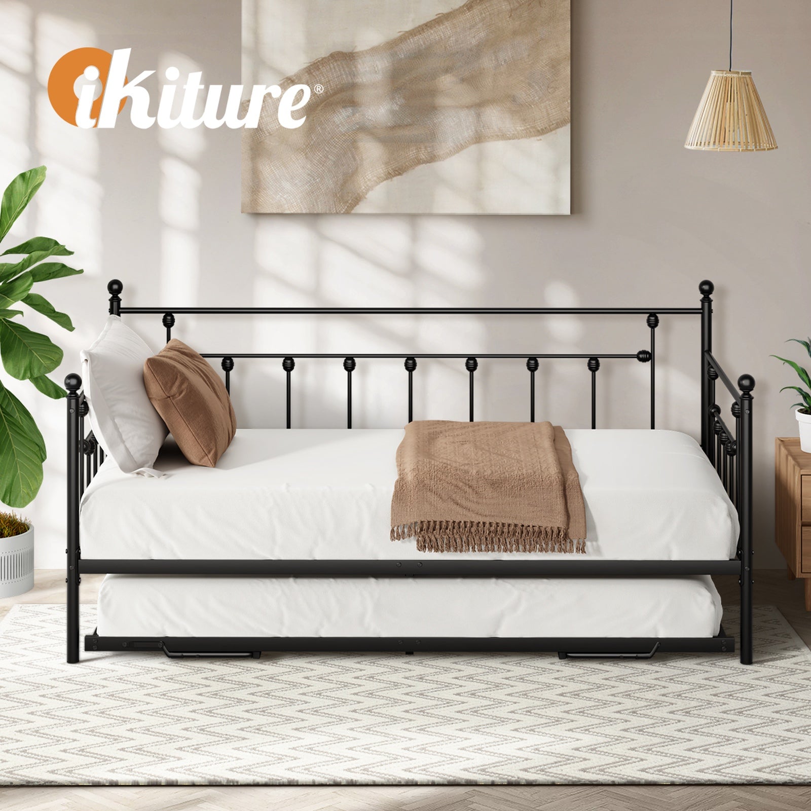 Oikiture Trundle Bed Frame Daybed Single Size Base Metal 2x Single Beds