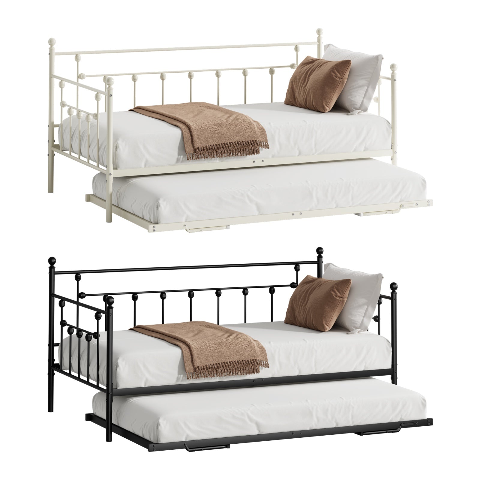 Oikiture Trundle Bed Frame Daybed Single Size Base Metal 2x Single Beds