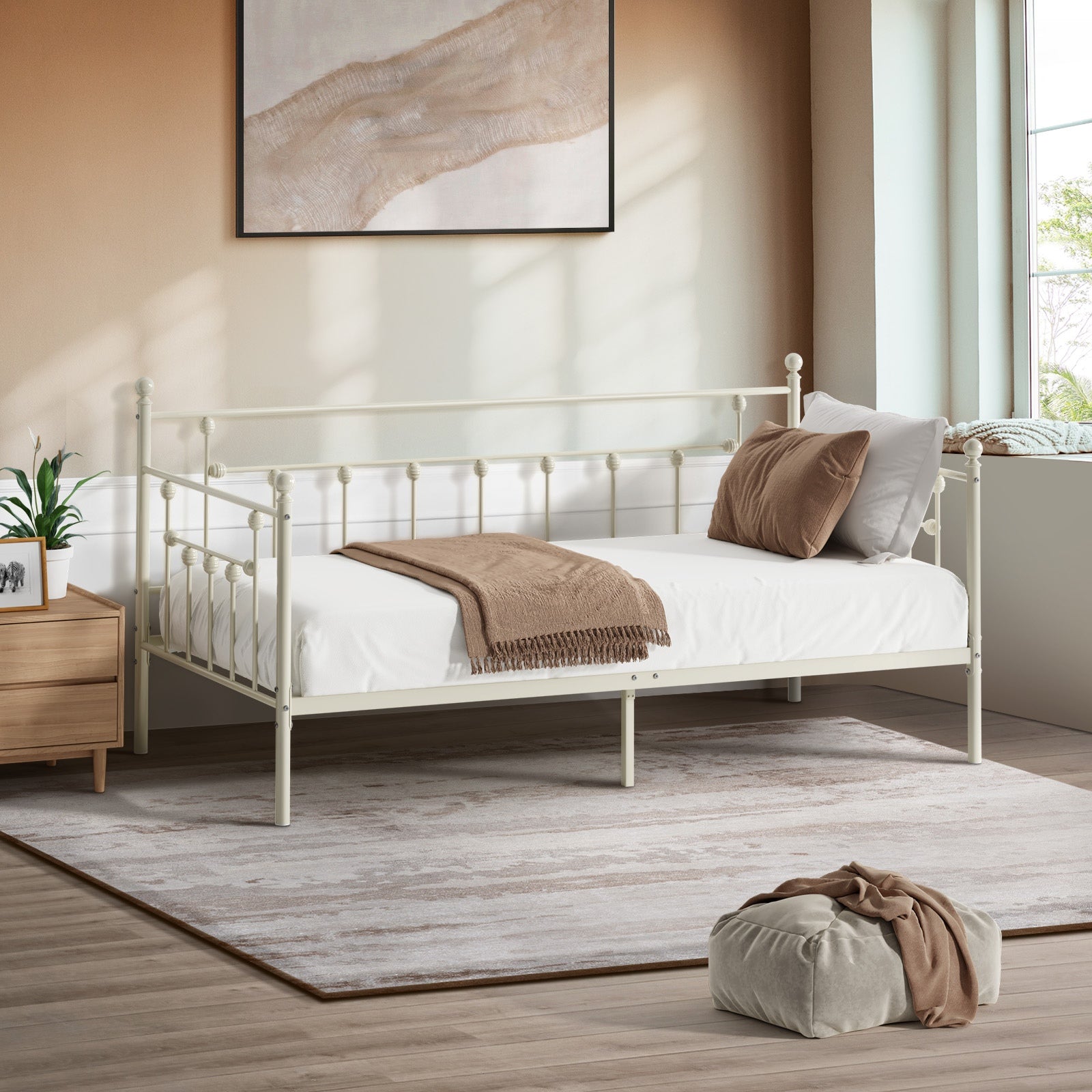 Oikiture Metal Daybed Frame Single Size Steel Slat Support Sofa Bed Beige