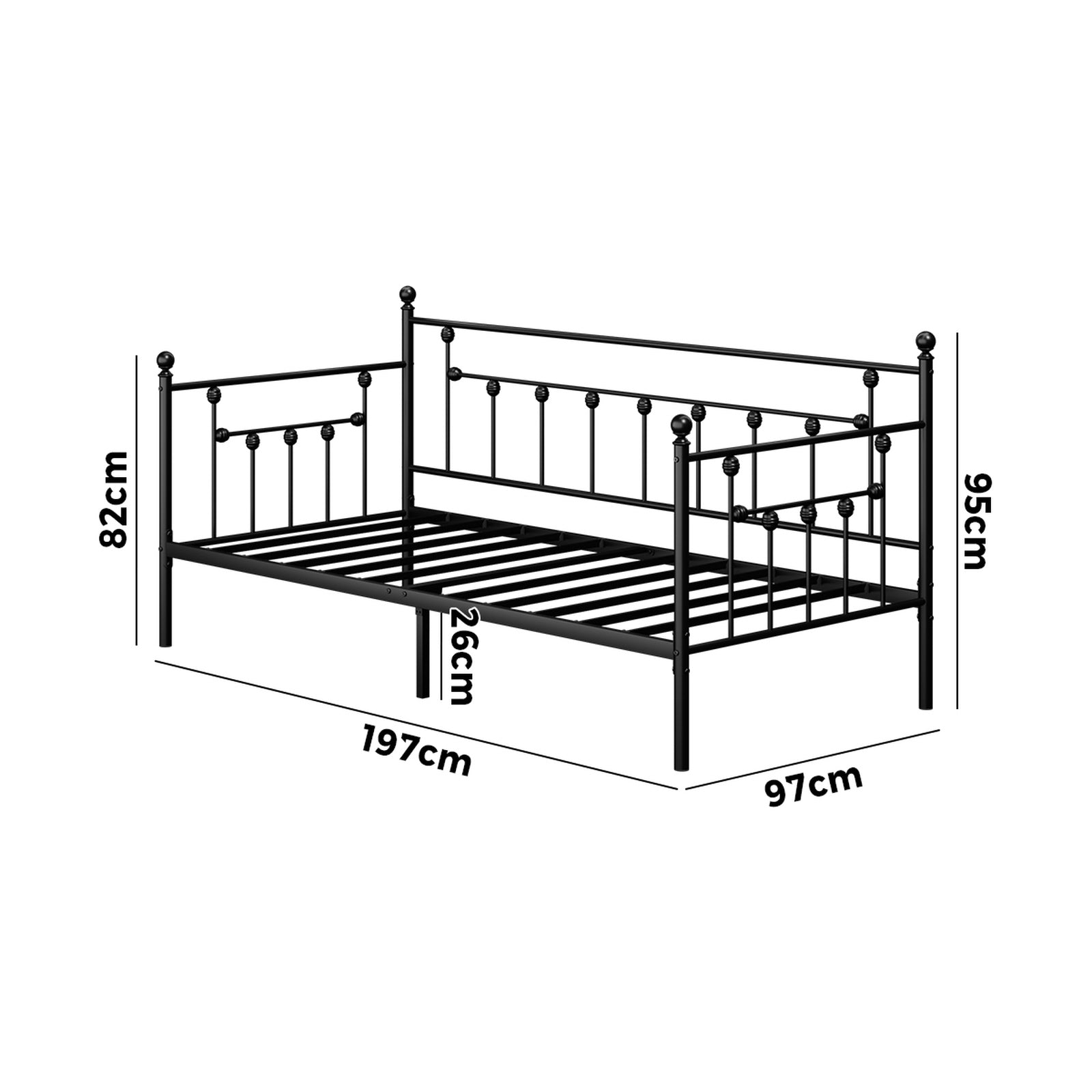 Oikiture Metal Daybed Frame Single Size Steel Slat Support Sofa Bed Black