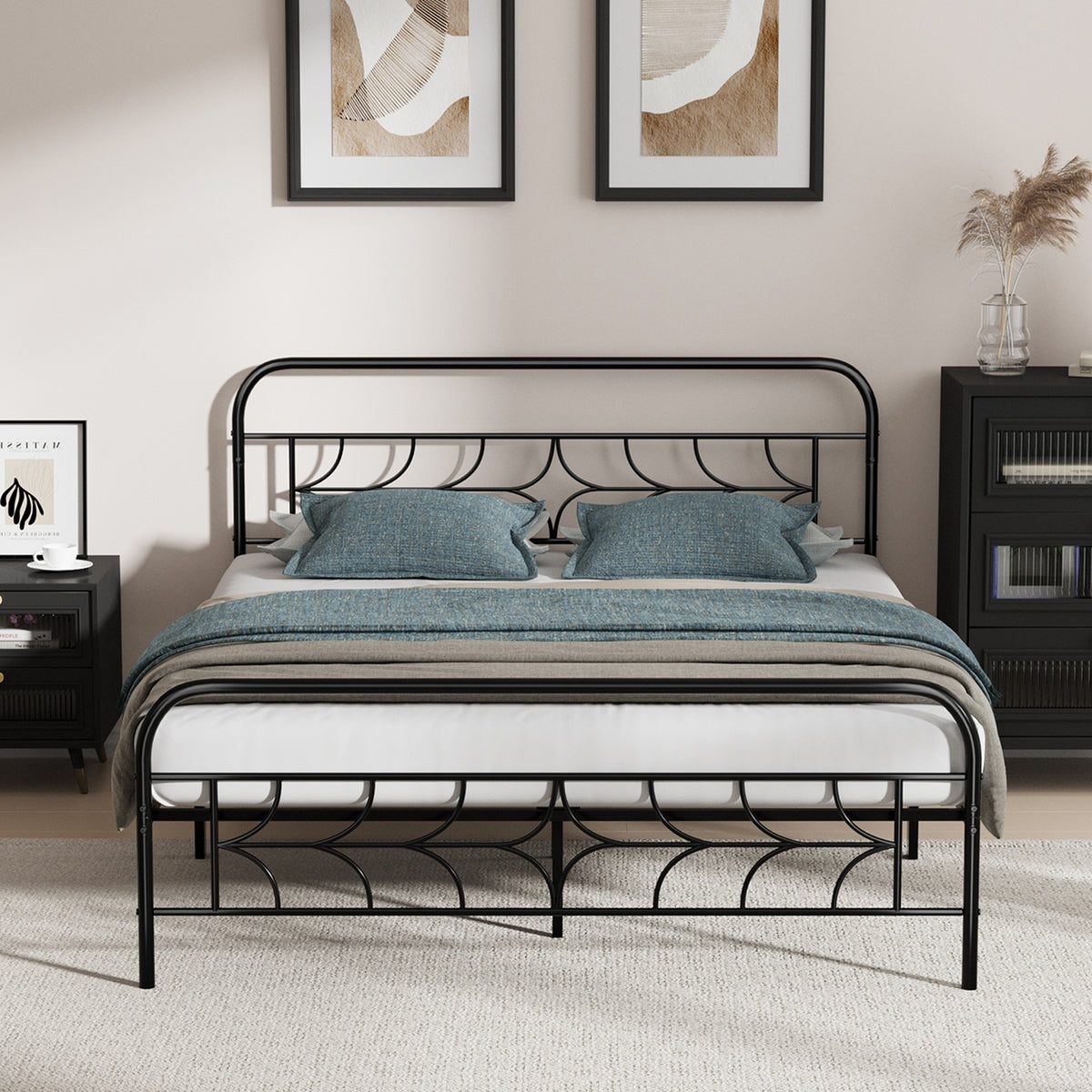 Oikiture Queen Bed Frame Metal Platform Bed Base with Sparkling Star Headboard