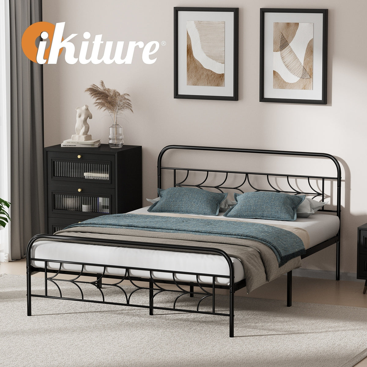 Oikiture Queen Bed Frame Metal Platform Bed Base with Sparkling Star Headboard