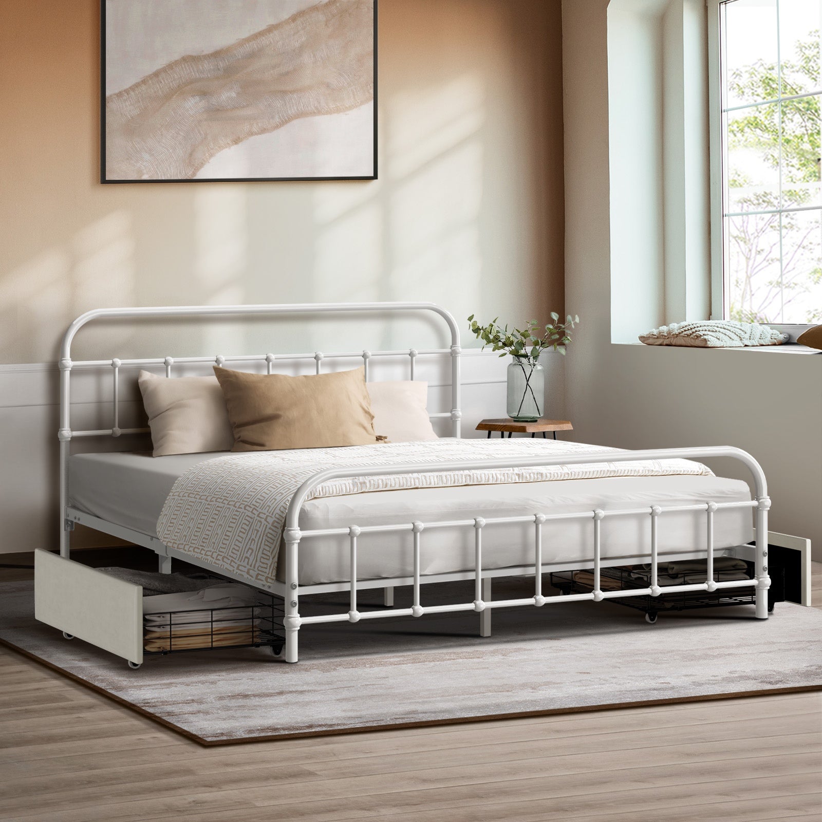 Oikiture Metal Bed Frame Double Size Bed Base with 2 Drawers White - Sunyee