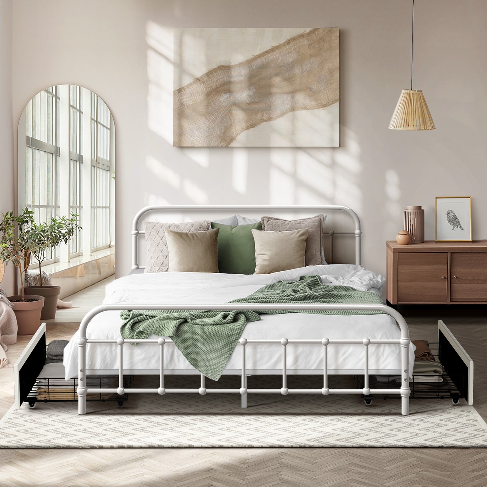 Oikiture Metal Bed Frame Double Size Bed Base with 2 Drawers White - Sunyee