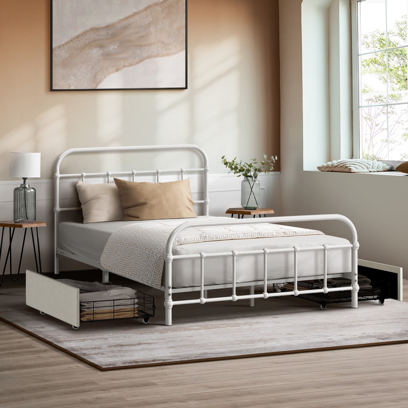 Oikiture Metal Bed Frame King Single Size Bed Base with 2 Drawers White - Sunyee