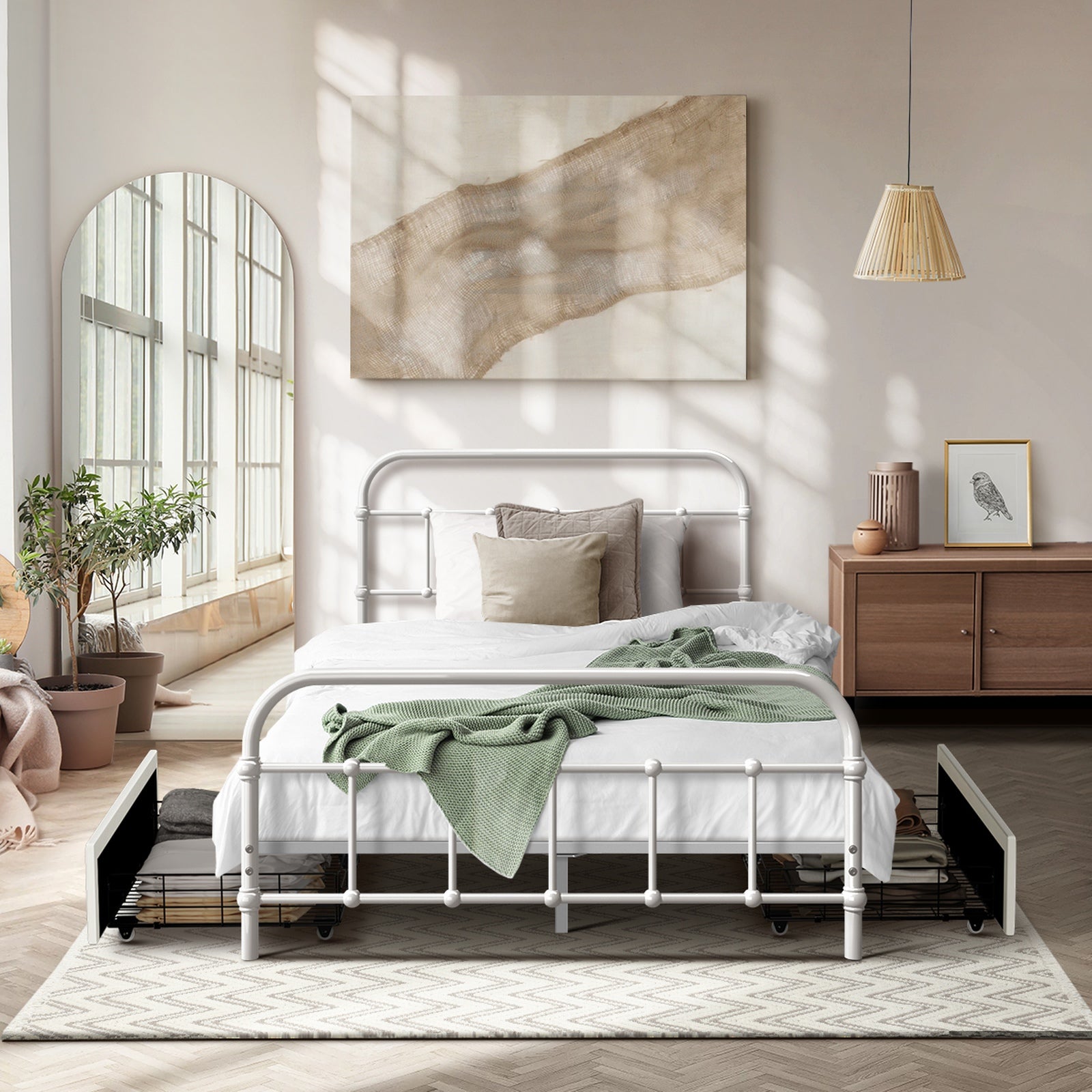Oikiture Metal Bed Frame King Single Size Bed Base with 2 Drawers White - Sunyee