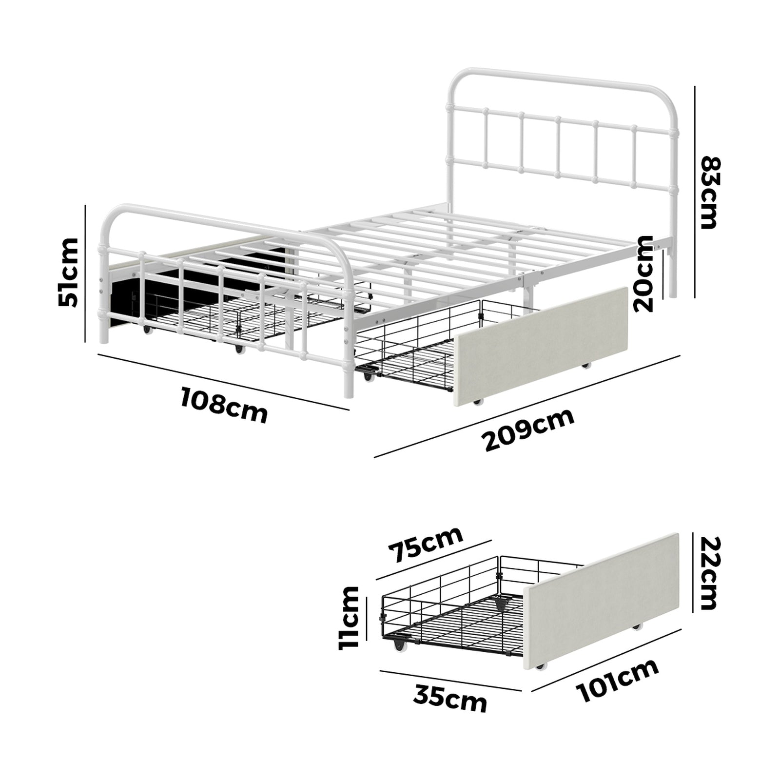 Oikiture Metal Bed Frame King Single Size Bed Base with 2 Drawers White - Sunyee