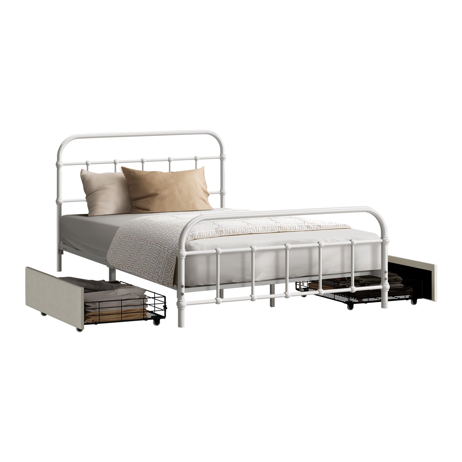 Oikiture Metal Bed Frame King Single Size Bed Base with 2 Drawers White - Sunyee