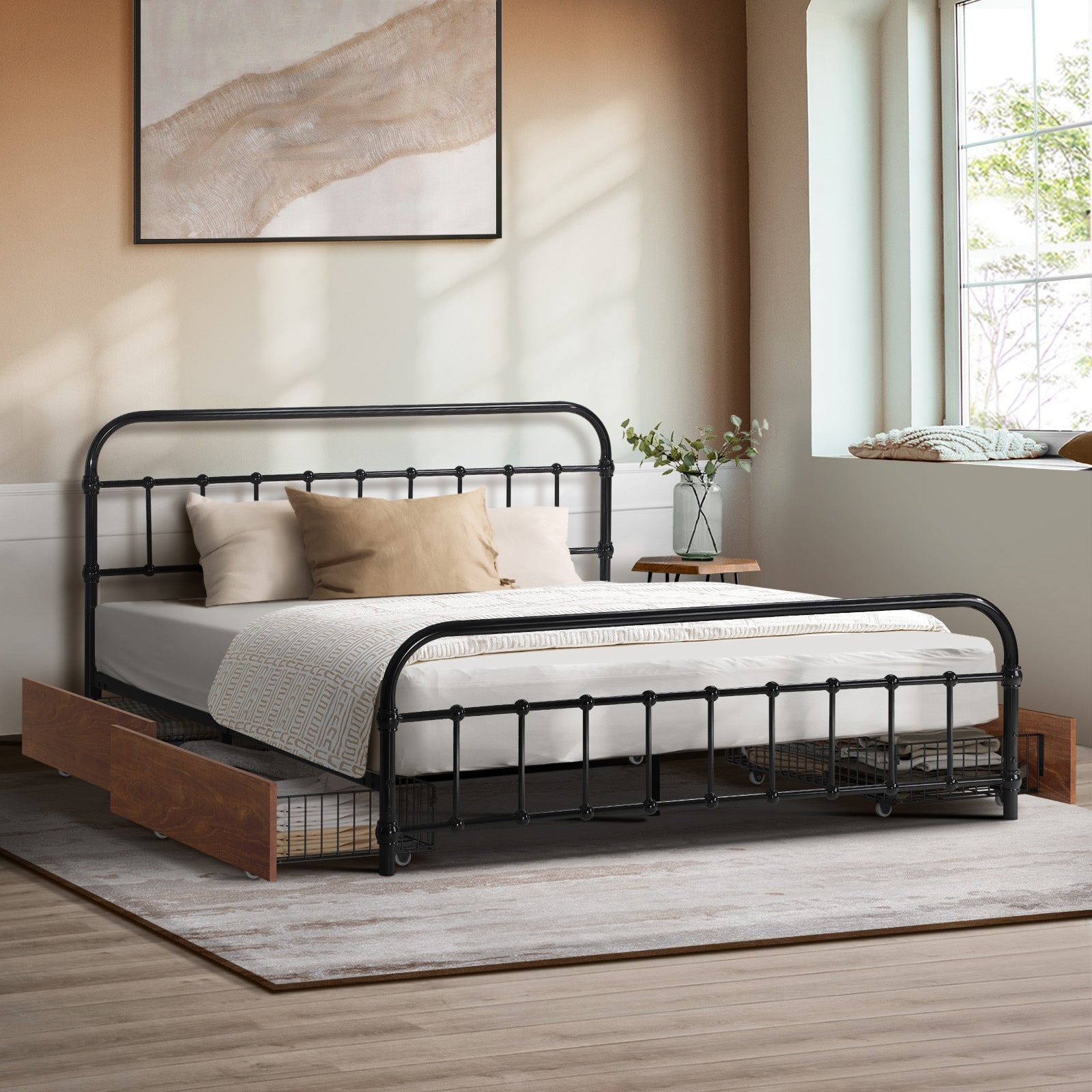 Oikiture Metal Bed Frame Queen Size Bed Base with 4 Drawers Black