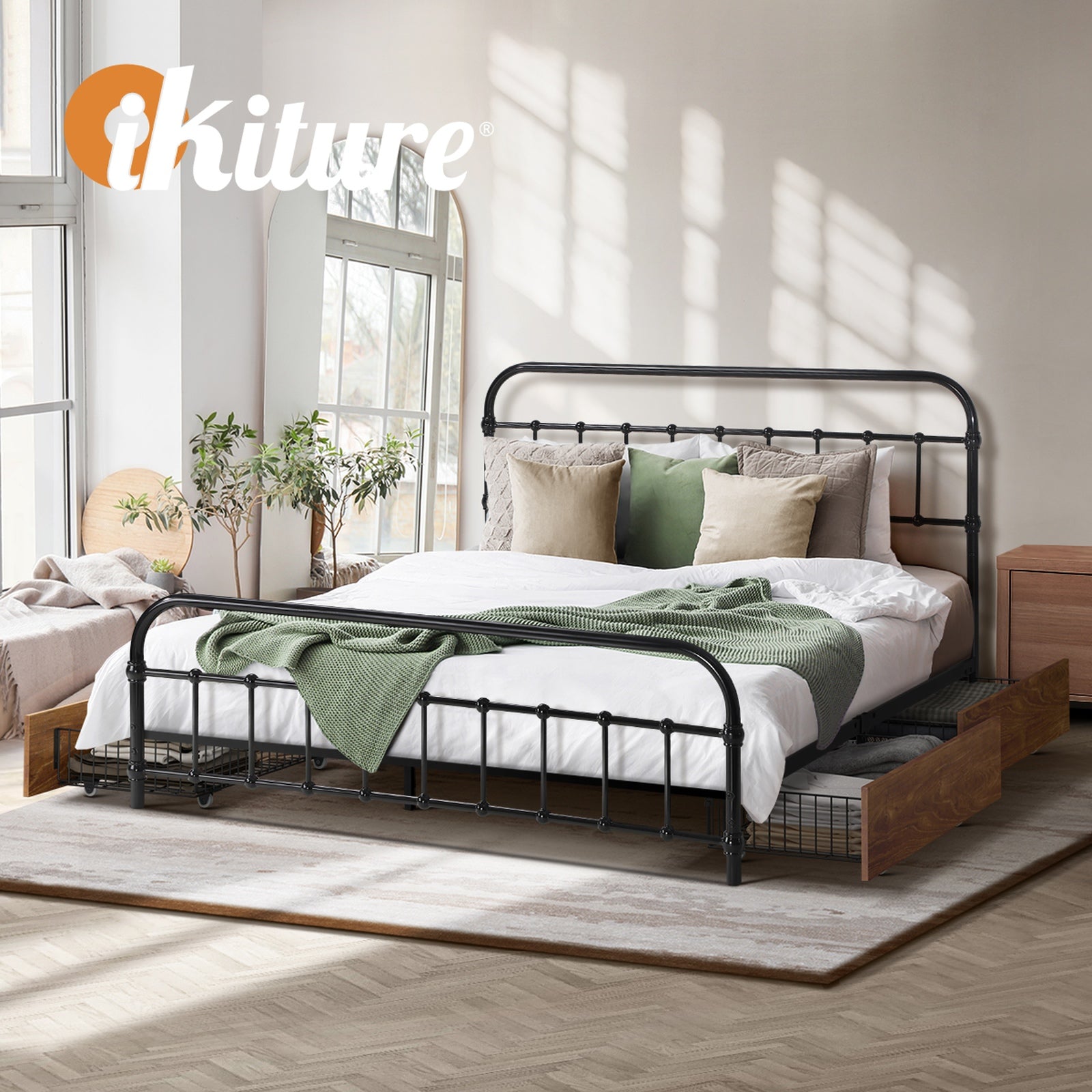 Oikiture Metal Bed Frame Queen Size Bed Base with 4 Drawers Black