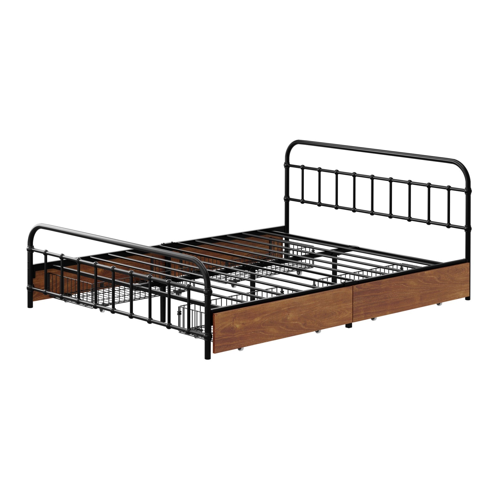 Oikiture Metal Bed Frame Queen Size Bed Base with 4 Drawers Black