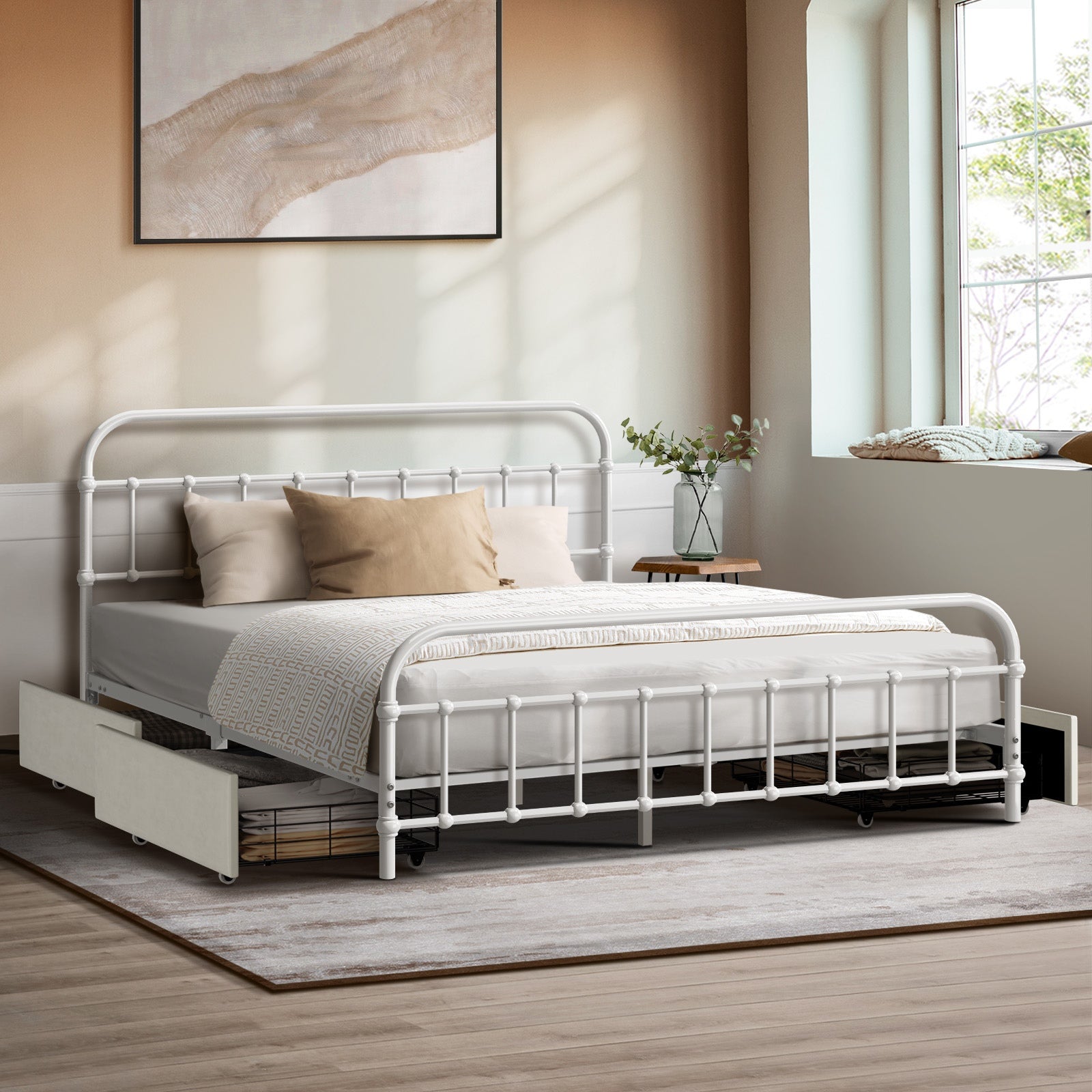 Oikiture Metal Bed Frame Queen Size Bed Base with 4 Drawers White - Sunyee