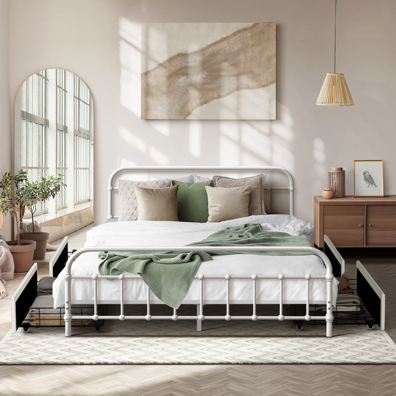 Oikiture Metal Bed Frame Queen Size Bed Base with 4 Drawers White - Sunyee